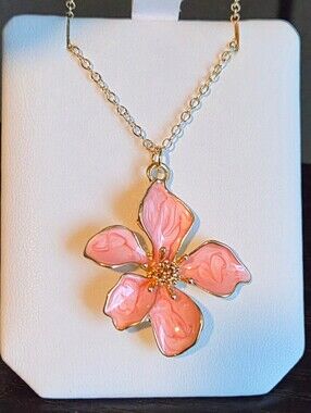 Gold-Tone Pink Enamel Flower Pendant Necklace